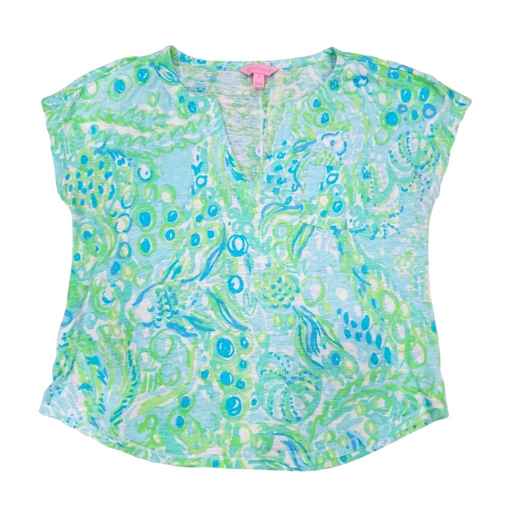 Lilly Pulitzer Linen Duval Notch Top Green Blue Cap Sleeve T-Shirt Women’s Small